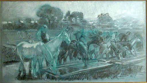 Ulpiano CHECA Y SANZ - Drawing-Watercolor - Abrevando  caballos en el pilón. - Colmenar de Oreja