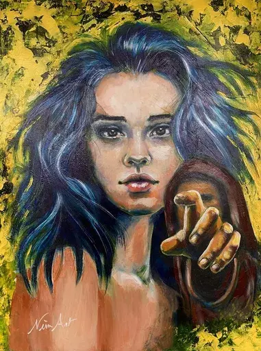 NINU ART - Pintura - La petite fille aux cheveux bleus