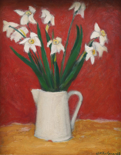 Arno VIHALEMM - Painting - Birthday flowers in grandma's milk jug