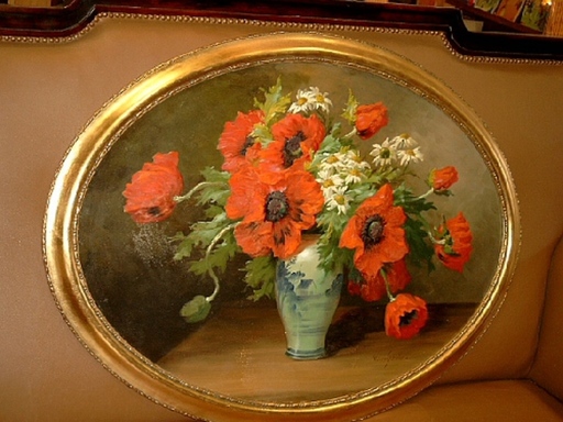 Wilhelm SCHÜTZE - Peinture - Stilleben mit Mohnblüten und Margeriten in blauer Vase