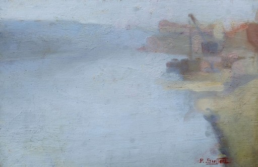 Paul SIEFFERT - Pintura - Bord de rivière avec péniche, grue et bâtiments