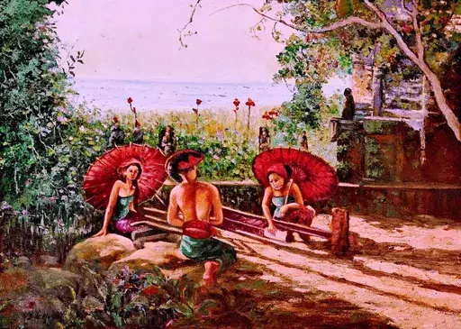 勒迈耶 - 绘画 - Three Balinese Women Weaving in The Garden
