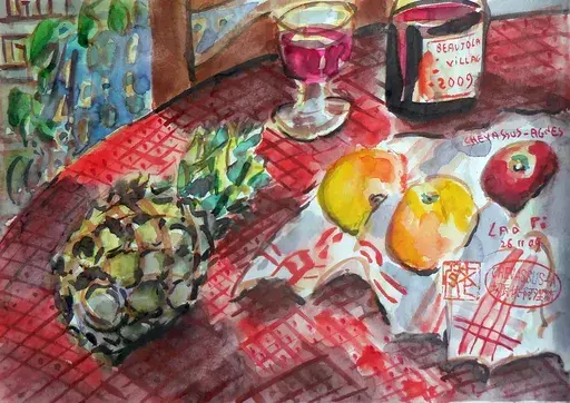 Jean-Pierre CHEVASSUS-AGNES - Dibujo Acuarela - composition ; ananas, fruits, verre et bouteille de Beau
