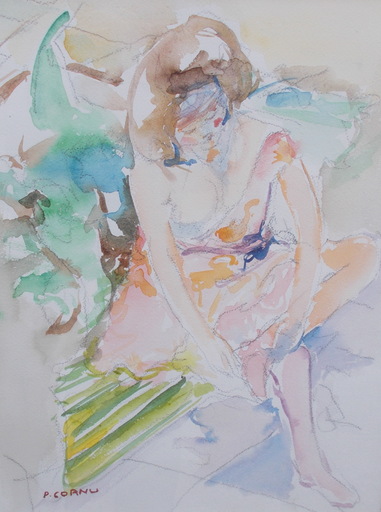 Pierre CORNU - Zeichnung Aquarell - Jeune fille assise