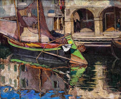 Roberto BORSA - Gemälde - View of a Chioggia canal with boat