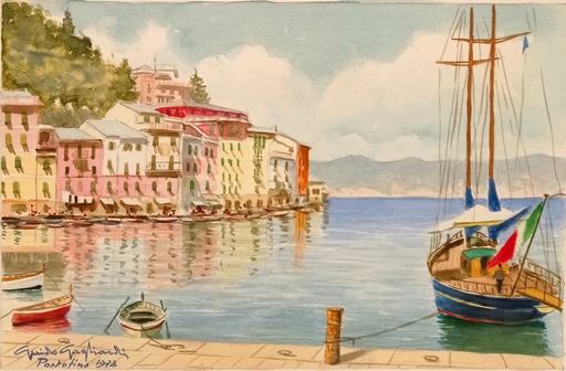 Guido GAGLIARDI - Dibujo Acuarela - Bateau au port. Portofino. Italie 