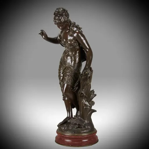 Auguste MOREAU - Miniature - 'Femme avec Oiseau' Art Nouveau bronze by Auguste Moreau - c