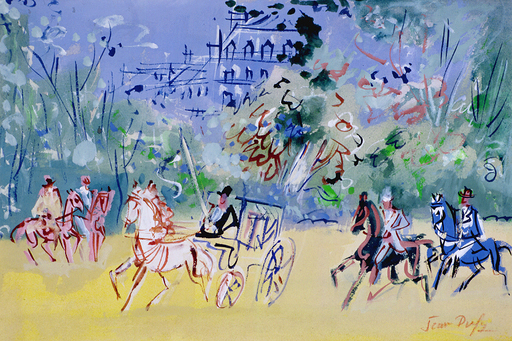 Jean DUFY - Drawing-Watercolor - Calèche et cavaliers au bois de Boulogne