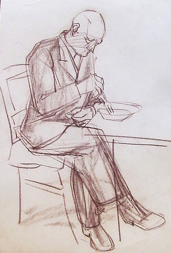 Erich HARTMANN - Dibujo Acuarela - #19680: Essender Mann am Tisch. 