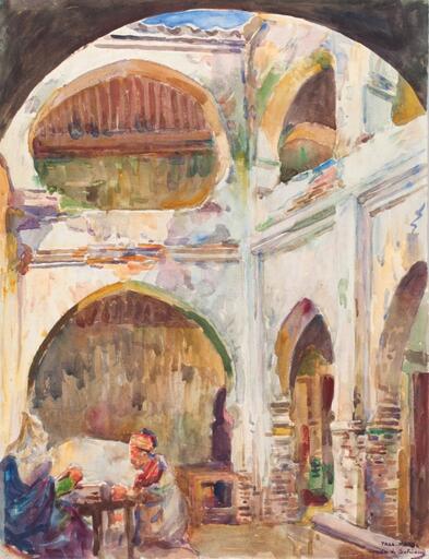 B. CONDE DE SATRINO - Drawing-Watercolor - Morocco - Taza – Interior of the Moorish Grand Café of Hadj 