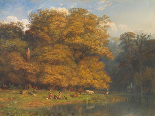 Paul HUET - Painting - Paysage animé au bord d'un étang