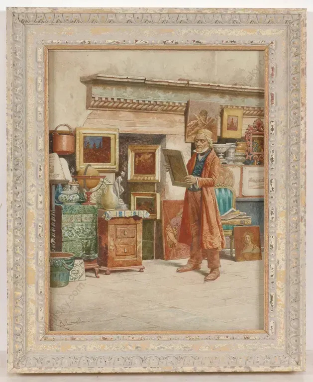 antonio canella - "antique dealer", watercolor, ca. 1900