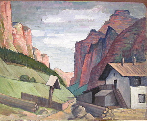 Walter SCHLEPPEGRELL - 绘画 - Hohe Berge mit Gehöft und Kruzifix