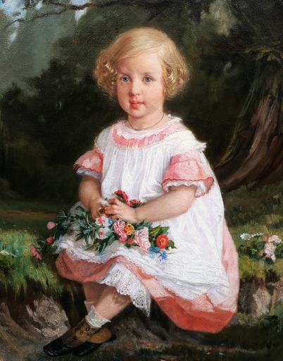 Timoléon LOBRICHON - Peinture - Portrait de petite fille blonde aux yeux bleus