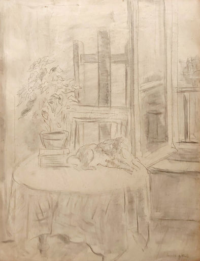 Leopold GOTTLIEB - Disegno Acquarello - Cat on the table