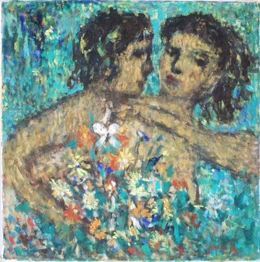 Edouard Joseph GOERG - Pittura - c.1947 Femme Fleurs et Dévôt
