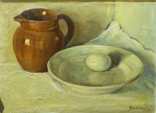 Angeles BENIMELLI - Painting - Still Life with Wine Jug, Plate and Egg