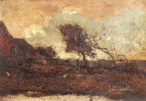 Léo GAUSSON - Pittura - View of a farm under the storm  Circa 1880-84