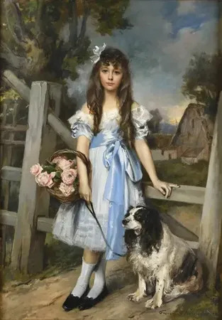 Portrait d'une élégante jeune fille au panier de roses tenan