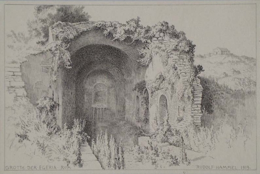 Rudolf HAMMEL - Drawing-Watercolor - "Grotto Egeria near Rome" by Rudolf Hammel, 1919