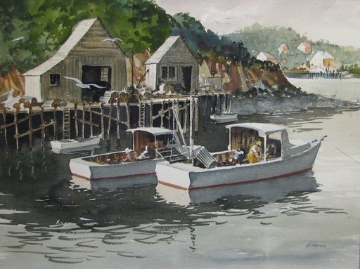 Alexander KORTNER - Dibujo Acuarela - "Lobster Boats in Harbor"