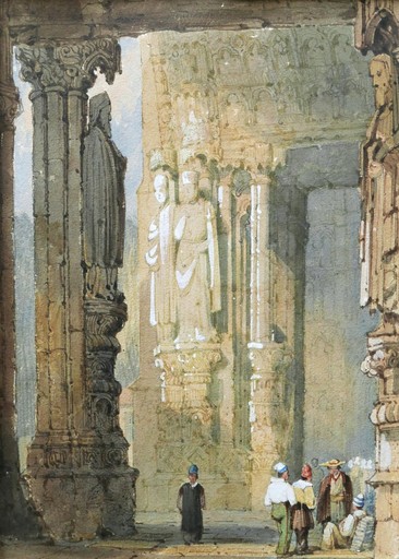 Samuel PROUT - Dessin-Aquarelle - Pèlerins sous le Portail Nord de la Cathédrale de Chartres