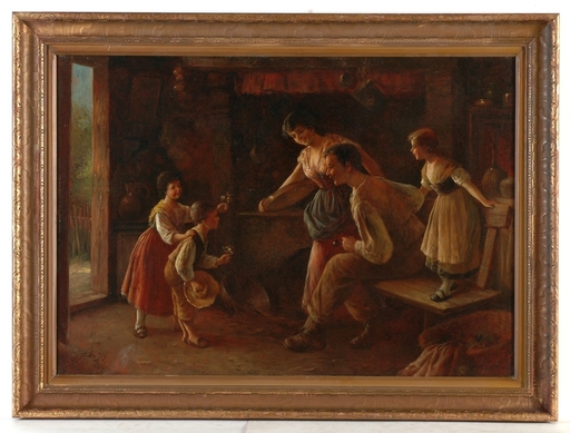 Fritz ILG - Gemälde - "Flowers for the parents" oil on canvas, ca. 1900