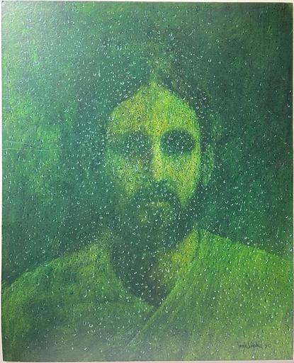 Tomás SANCHEZ - Pintura - Jesús tras un cristal con gotas de lluvia