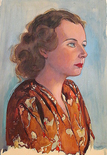 Paul MECHLEN - Drawing-Watercolor - Porträt einer jungen Frau im Halbprofil.