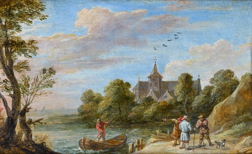 David II TENIERS - Gemälde - A river landscape with travellers by a jetty and a man in a 