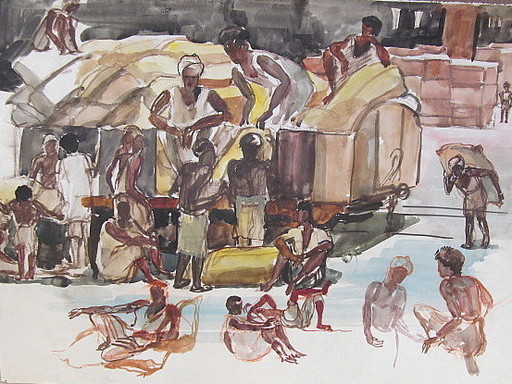 Paul MECHLEN - Drawing-Watercolor - Afrikaner bei der Arbeit.