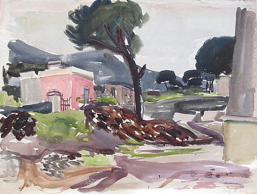 Erich HARTMANN - Drawing-Watercolor - Porto d`Ischia mit Pinien.
