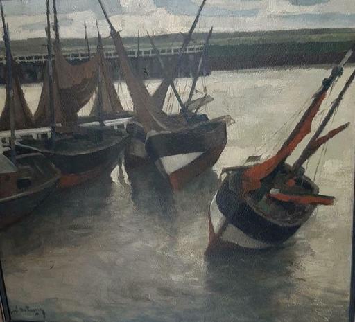 René DE LANNOY - Peinture - Schepen op het droge in de haven
