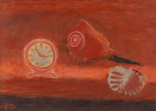 Henri HAYDEN - Painting - Coquillage et réveil en rouge