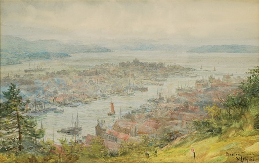 William Lionel WYLLIE - Drawing-Watercolor - Bergen, Norway -  Ships in The Harbor - Houses & Figures - c