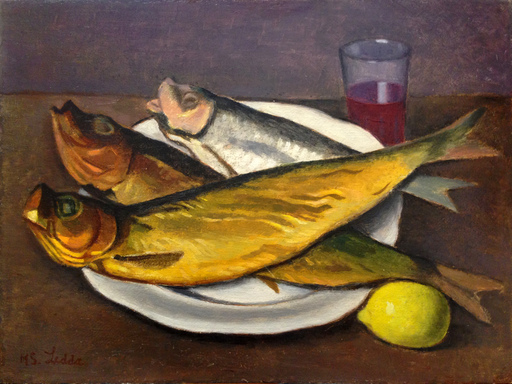Marius LEDDA - Gemälde - Piatto di aringhe, con limone e vino rosso