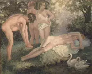 Charles NAILLOD - Peinture - Baigneuses aux cygnes