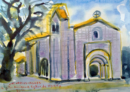 Jean-Pierre CHEVASSUS-AGNES - Disegno Acquarello - la plus ancienne église de PORTO  PORTUGAL