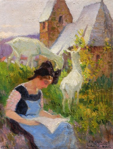 Jules René HERVÉ - Painting - La gardienne de chèvres alsacienne