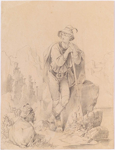 August GERASCH - 水彩作品 - "Tyrolean Shepherd", Drawing, middle 19th Century