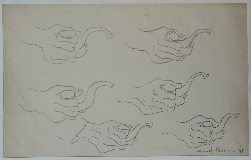 Marcel BURTIN - Zeichnung Aquarell -  ETUDES DE MAIN A LA PIPE