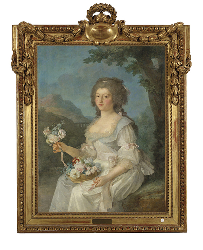 Anne VALLAYER-COSTER - Painting - Portrait de femme en buste tenant une corbeille de fleurs