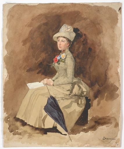 Wilhelm GAUSE - Disegno Acquarello - Wilhelm Gause (1853-1916) "Lady with umbrella"