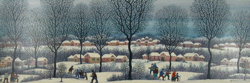 Ljuba PETROVIC - 绘画 - Winterlandscape with Villagers