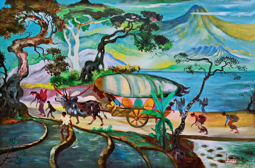 亨德拉·古拿温 - 绘画 - Cattle-Cart and Women Convoy in Landscape, by Hendra Gunawan