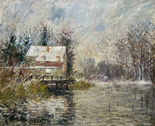 Gustave LOISEAU - Painting - Maison au bord de l'eau, effet de neige