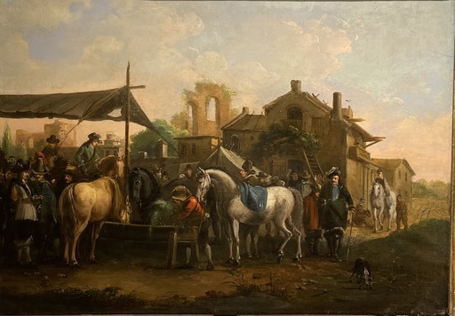 Jean DUPLESSIS-BERTAUX - Peinture - Halte de cavaliers