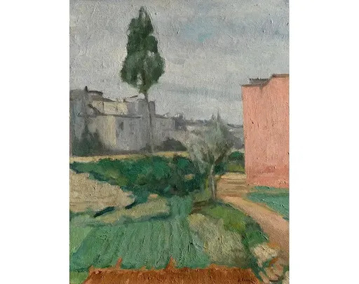 Emanuele CAVALLI - Painting - Paesaggio con case e cipresso