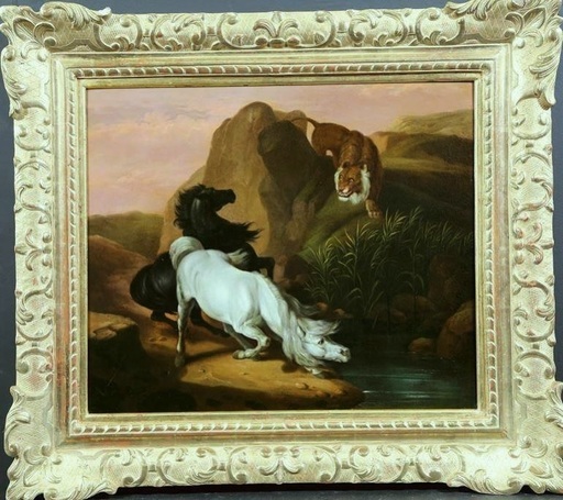 Horace VERNET - Pintura - c.1813 Chevaux surpris par un lion Hommage à G. STUBBS