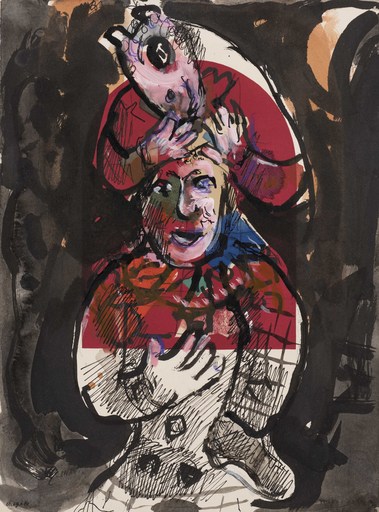Marc CHAGALL - Dibujo Acuarela - Rêve nocturne de deux clowns en rouge